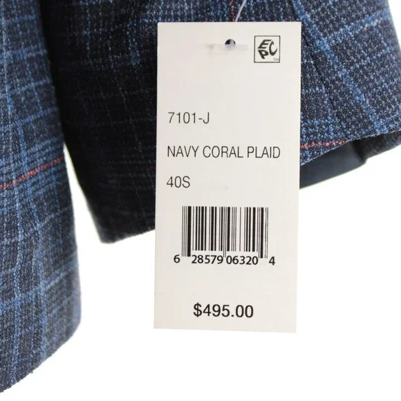 Cardinal of Canada NWT Wool Blend Sport Coat Size 40S US In Blue w/ Coral Plaid